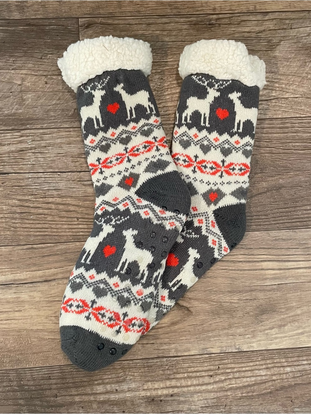 Natural Reflections Gray, White & Red Cozy Reindeer Slipper Socks